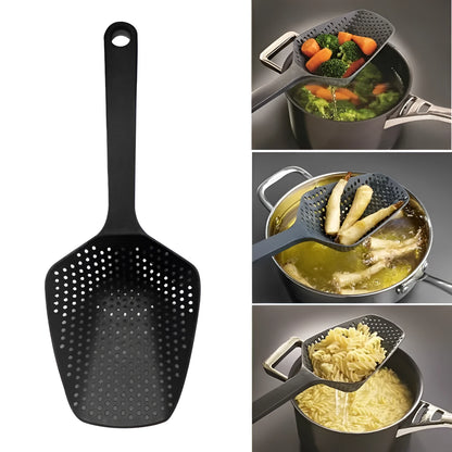 Large black nylon strainer scoop with long handle for draining food from hot pans in the kitchen.
