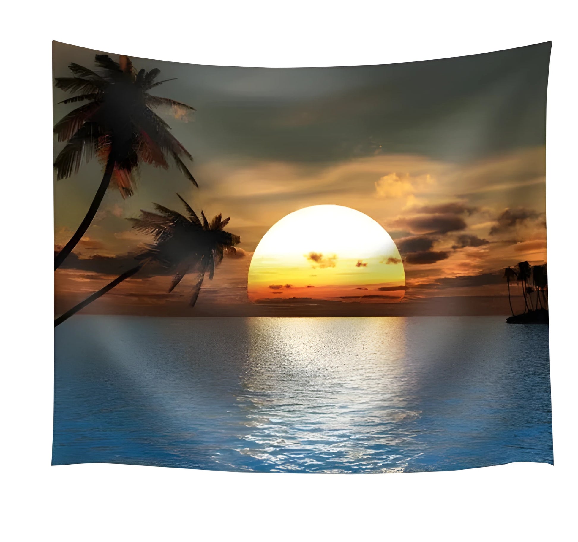 Large Sunset Beach scenery printed on a beige polyester tapestry wall hanging.