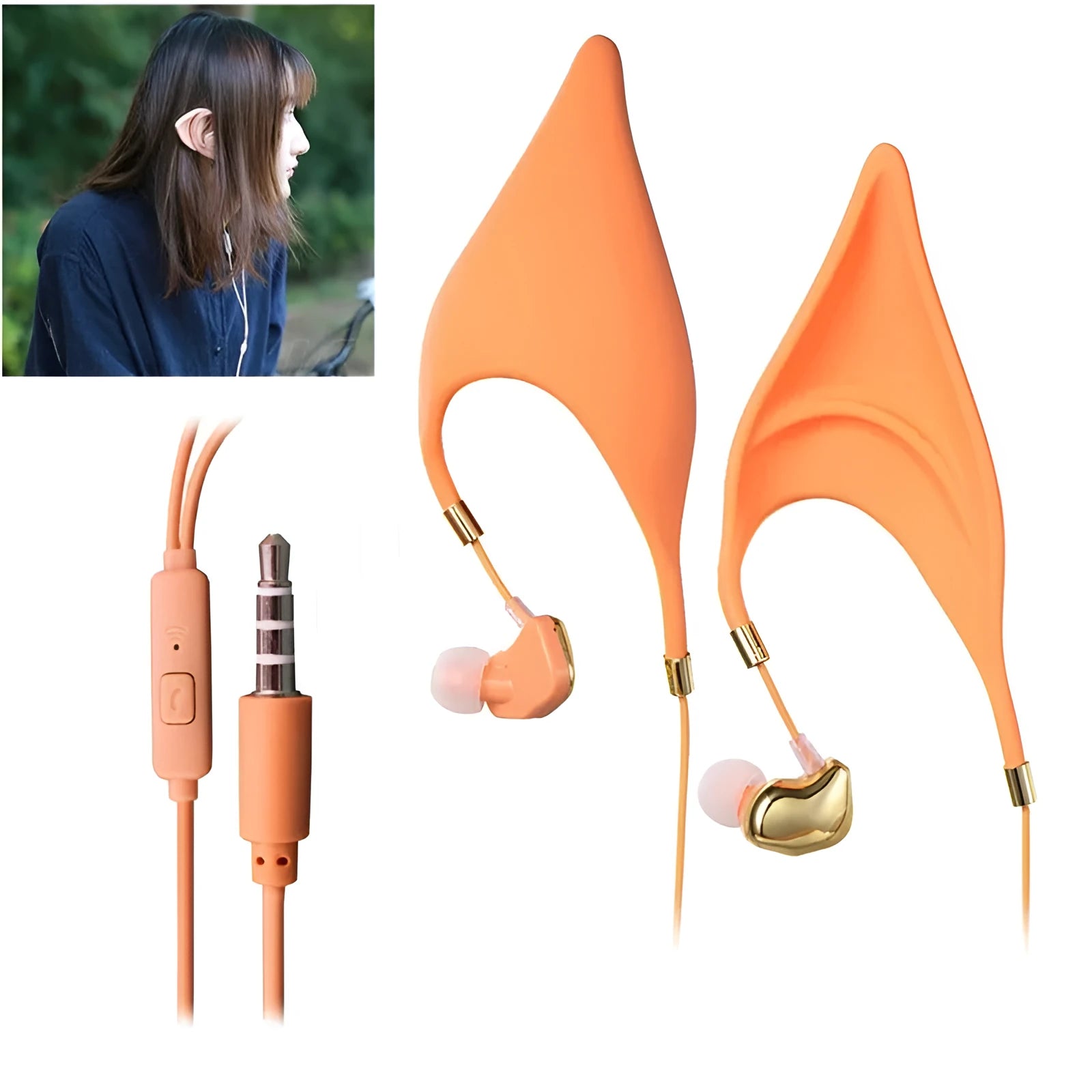 Cartoon elf ear wired headphones with 3.5mm audio plug and microphone for cosplay and gaming