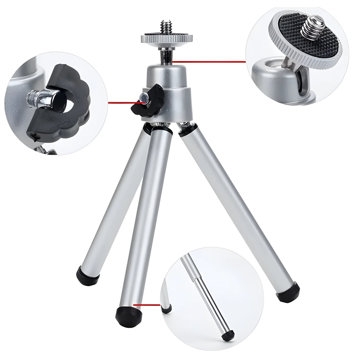 Black mini camera tripod with extended legs and a separate U-shaped universal phone clip on a table.