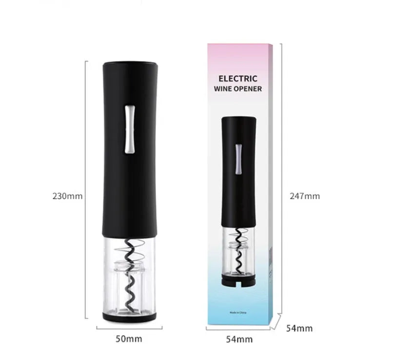 Black electric wine opener with transparent cover and aluminum foil cutter on wooden table