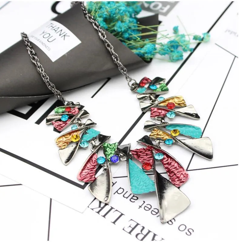 Alloy diamond necklace and earrings set with water wave chain, mixed stone pendant, blue or multicolour.