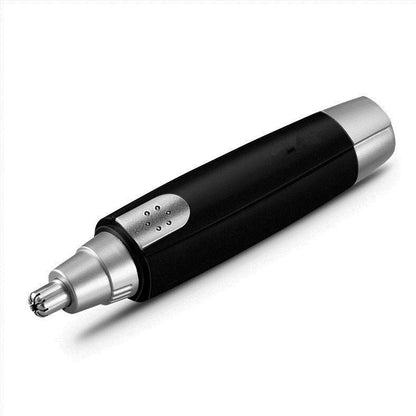 Black electric nose hair trimmer with rotating blades and arch design for safe nasal hair removal