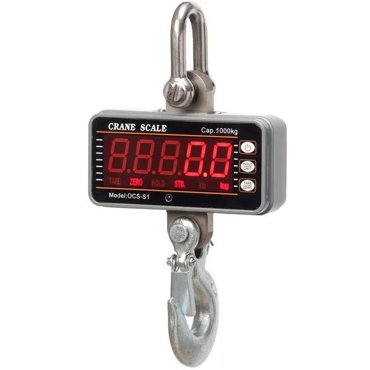 Electronic crane scale with direct digital display and 500kg maximum capacity for logistics and warehouse weighing applications in bright orange industrial housing