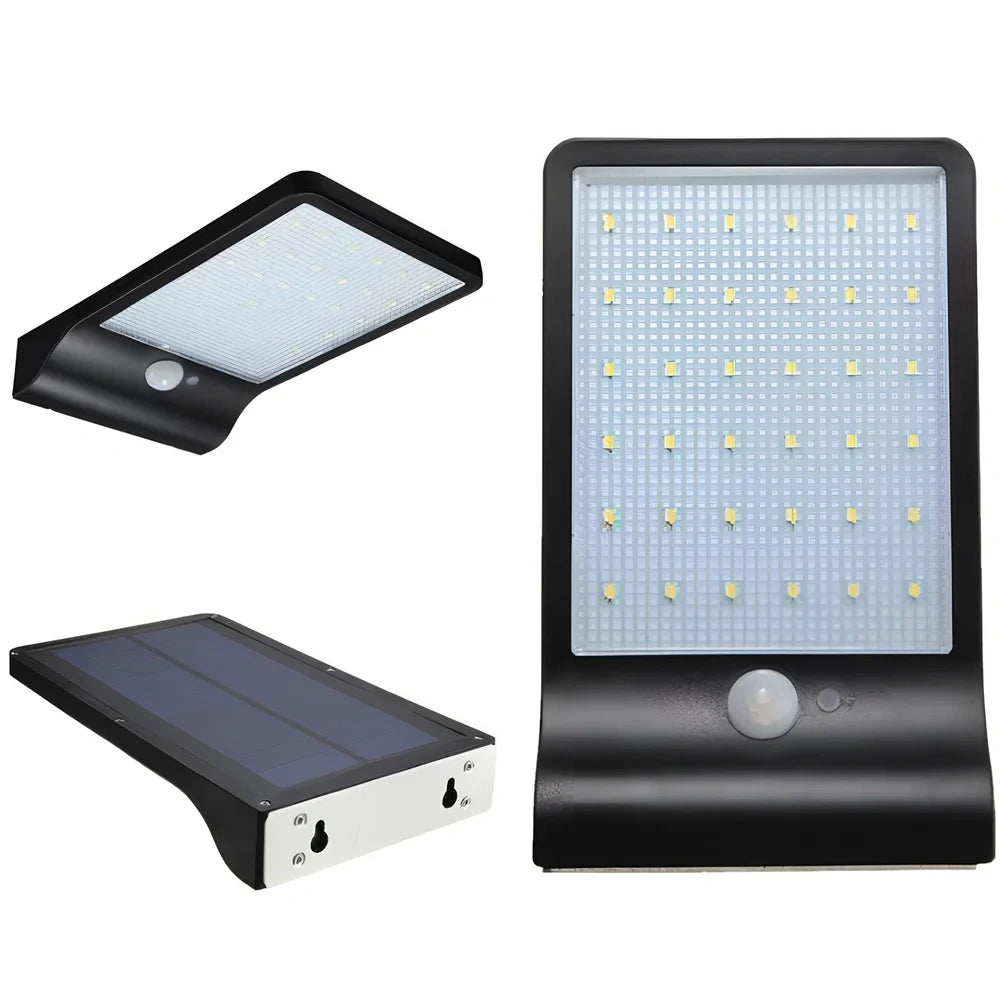Solar garden light with 36 LED array in black or white finish showing integrated solar panel