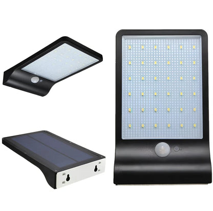 Solar garden light with 36 LED array in black or white finish showing integrated solar panel