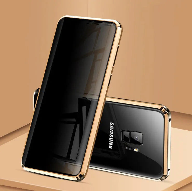 Anti-peeping magnetic clamshell phone case for Samsung Galaxy with double-sided glass protection in solid colour options