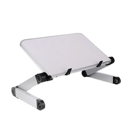 Adjustable foldable laptop stand in black and white, supporting ergonomic posture for laptops and tablets