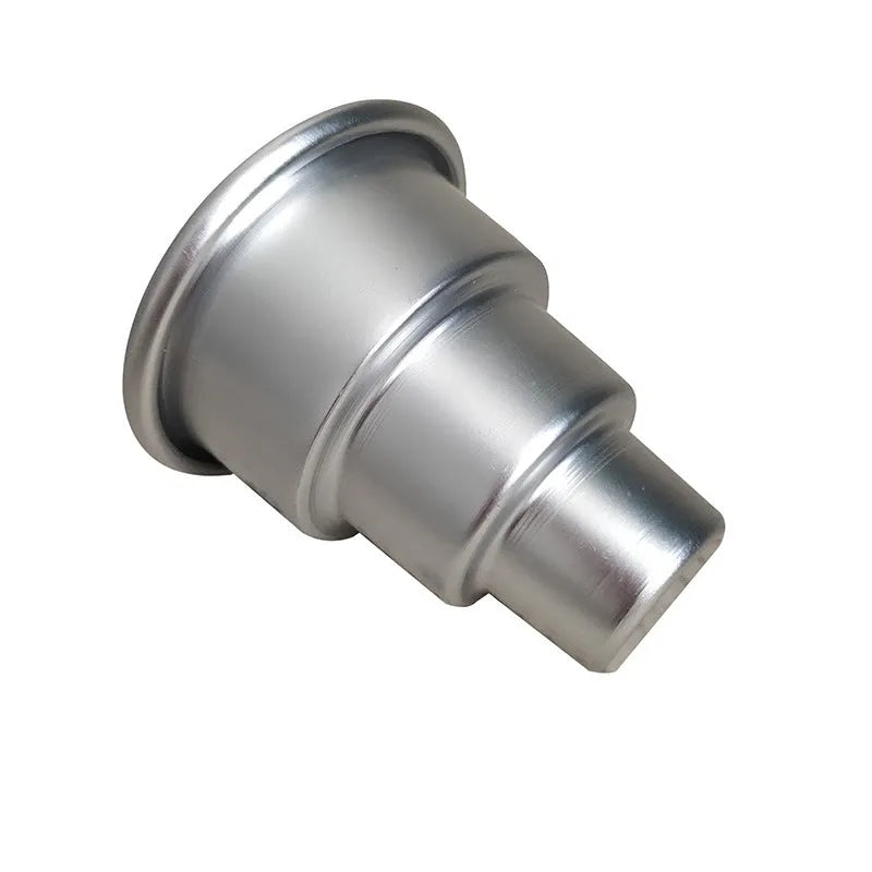 Mini three-layer aluminium alloy cake mould with large, medium, and small sizes for forming fondant cakes and pudding cups, a DIY baking tool packed in a soft cover, silver colour.