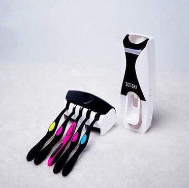 Dust proof automatic toothpaste squeezer and toothbrush holder set in black, blue, or red