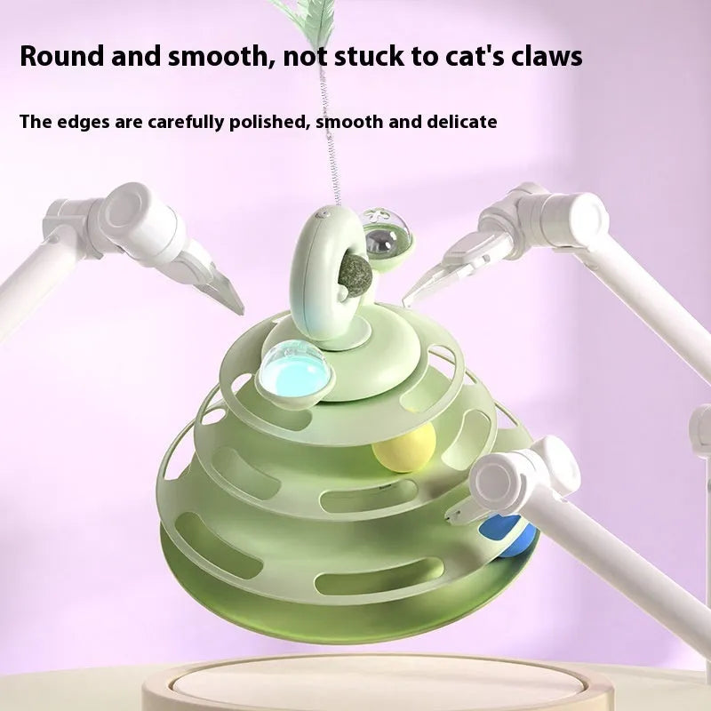 Four-level cat toy turntable tower with roller balls and 360-degree top ball in PP