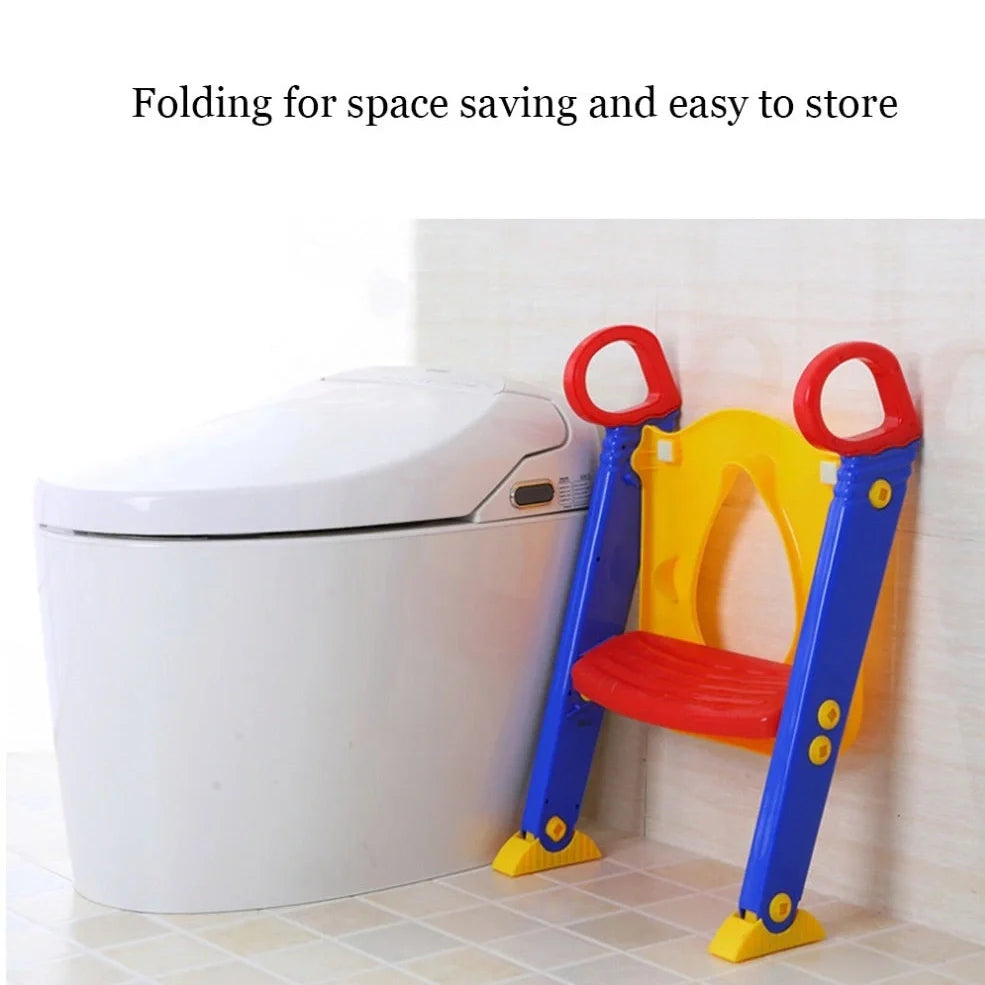 Purple, red and yellow adjustable potty training chair with ladder folded to 7cm thickness showing double handrails