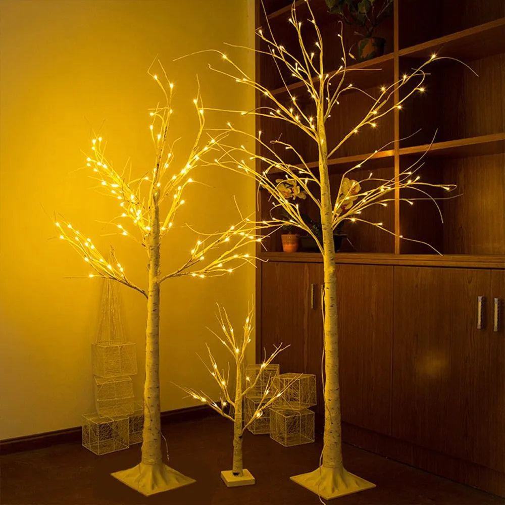 LED birch tree decoration light with plastic shell, IP65 outdoor rating, and sizes from 45cm to 180cm.
