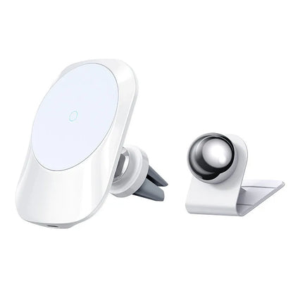Black magnetic car wireless charger mounted on car air vent with phone attached