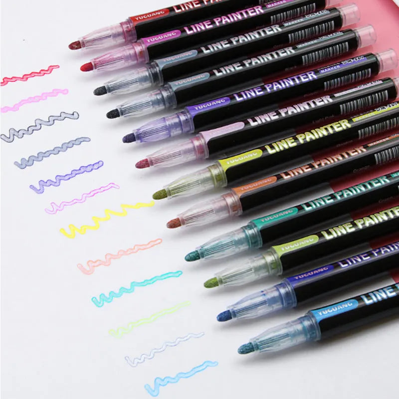 Set of 12 double line metal body pens in various colours for card making and marking