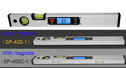 Digital magnetic angle meter with 400mm ruler length showing flip-up LCD display and four built-in magnets on base