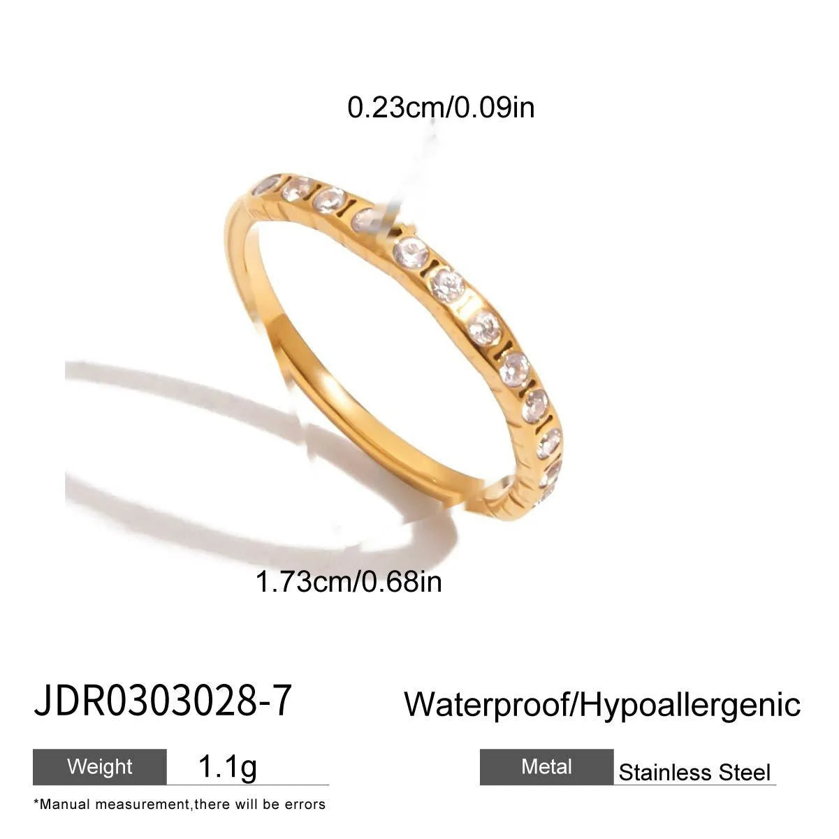 Geometric titanium steel ring with zircon stones in a silver tone on a grey background.