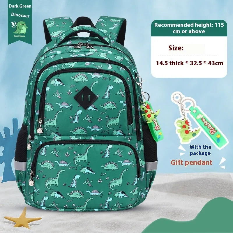 Blue children's school backpack with dinosaur pattern, showing curved shoulder straps and front pocket.