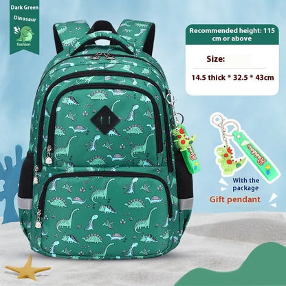 Blue children's school backpack with dinosaur pattern, showing curved shoulder straps and front pocket.
