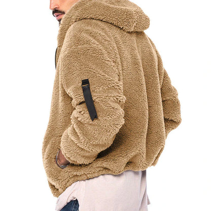 Plush hooded jacket in various colours, featuring a cosy design with a relaxed fit and convenient side pockets