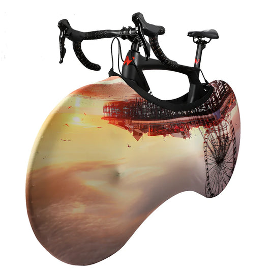 Black polyester-spandex bicycle wheel dust cover, 149cm length, adjustable 48-58cm height for 24-29 inch wheels
