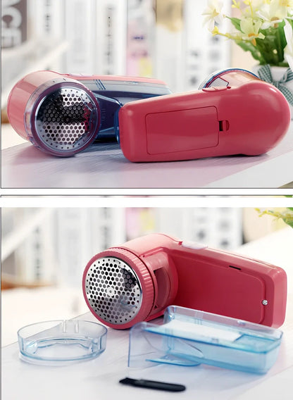 Portable electric lint remover measuring 11x16cm removing bobbles from blue woollen jumper