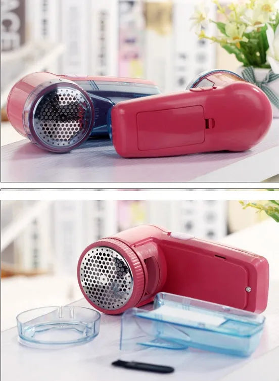Handheld portable electric lint remover fabric shaver on a blue background.