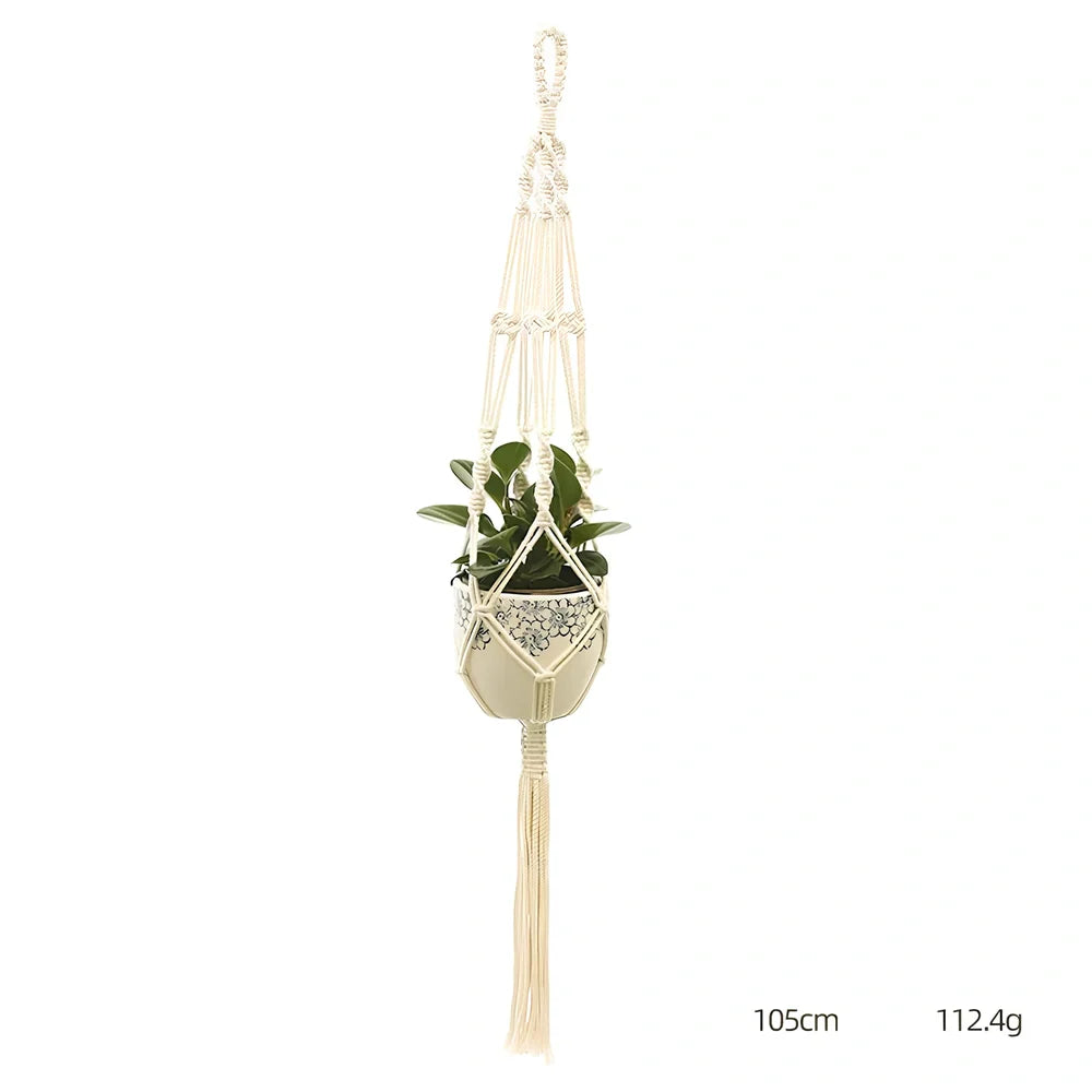 Hand-knitted cotton flowerpot net bag showing intricate pattern and hanging installation with plant