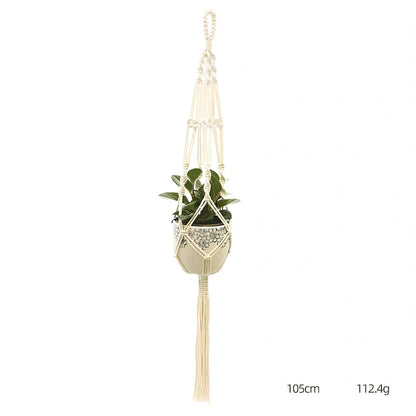 Hand-knitted cotton flowerpot net bag showing intricate pattern and hanging installation with plant