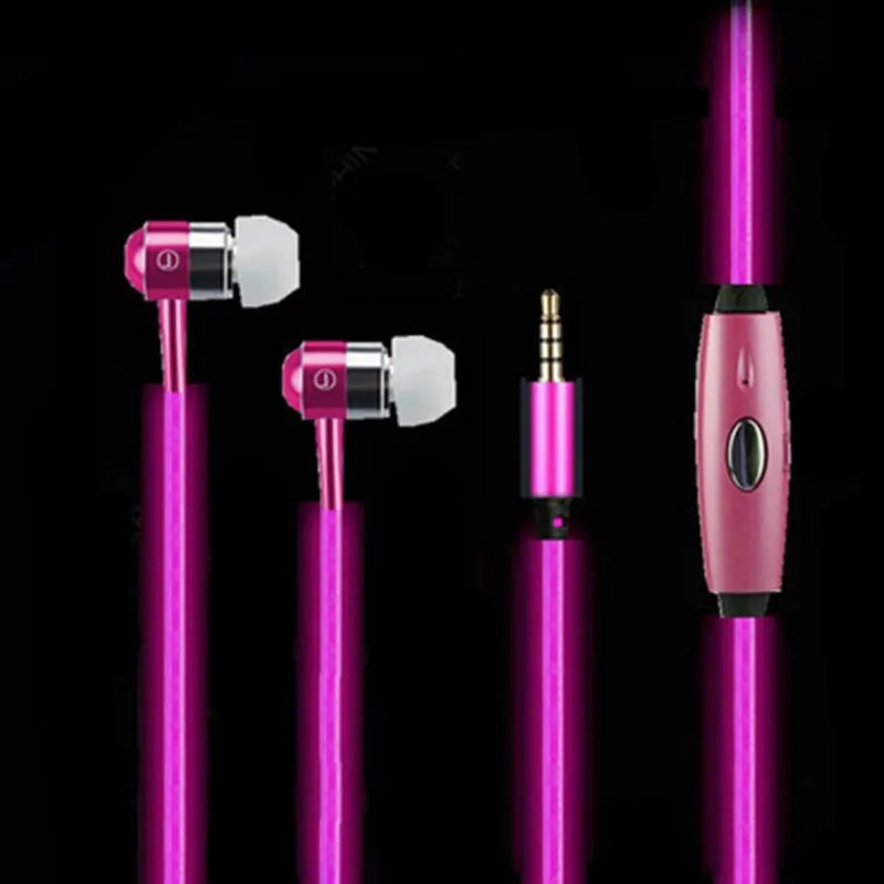 Magic Light LED Earphones in blue, green, or pink with aluminium alloy shells and EL light lines syncing to music rhythm.