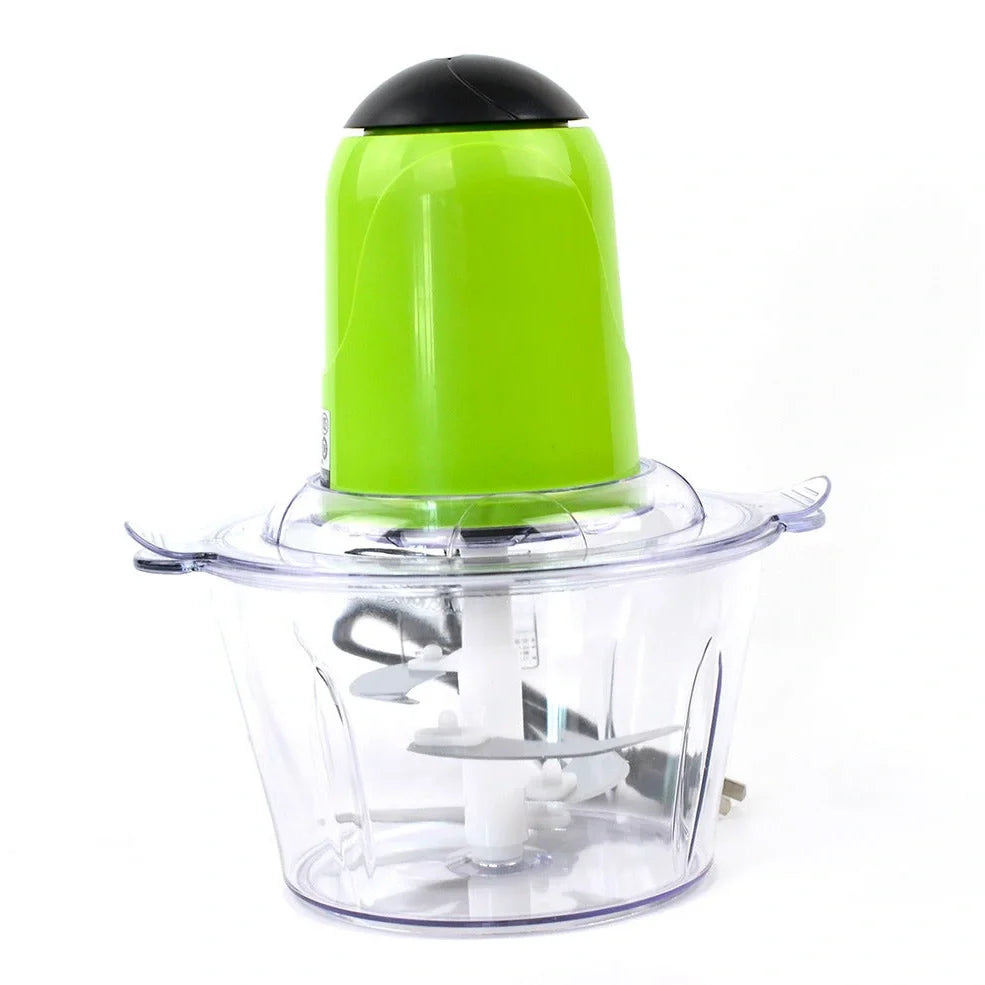 Green 2L electric kitchen chopper with stainless steel blades for mincing food, 200W power, suitable for home use