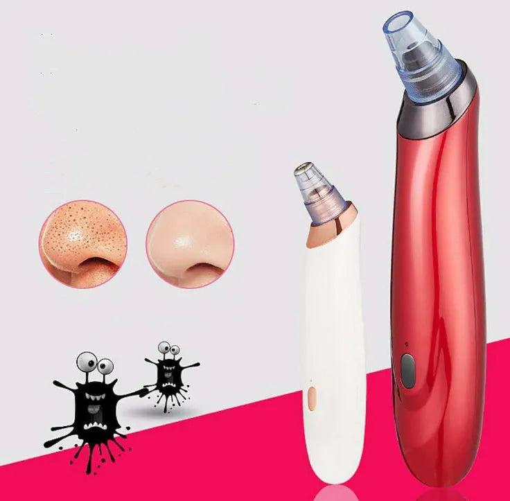 Electric blackhead remover device with five suction nozzle attachments, shown in black colour.
