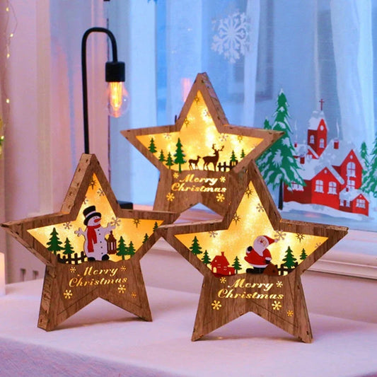 Wooden Christmas ornaments with luminous five-pointed star designs in various festive motifs, including snowmen and deer