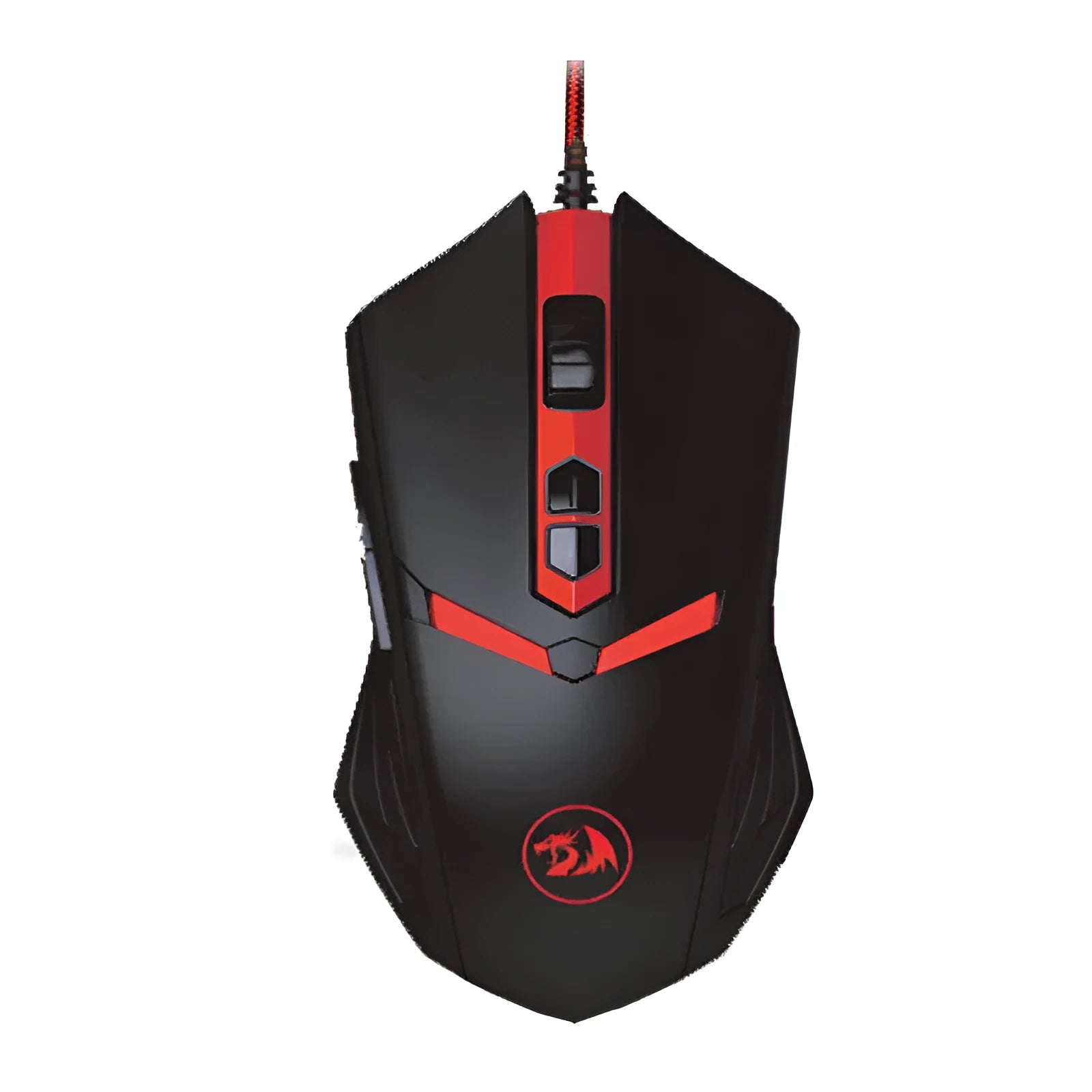 Black and red USB wired optical gaming mouse on a desk with visible buttons and scroll wheel.