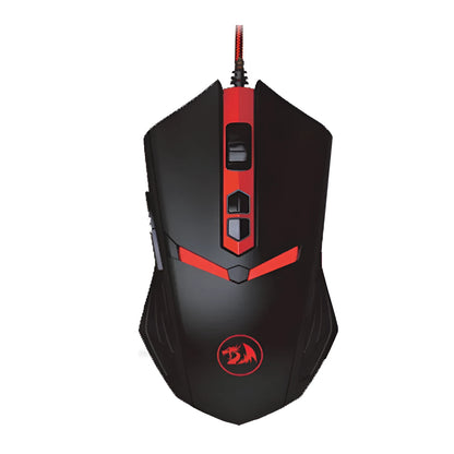 Black and red USB wired optical gaming mouse on a desk with visible buttons and scroll wheel.