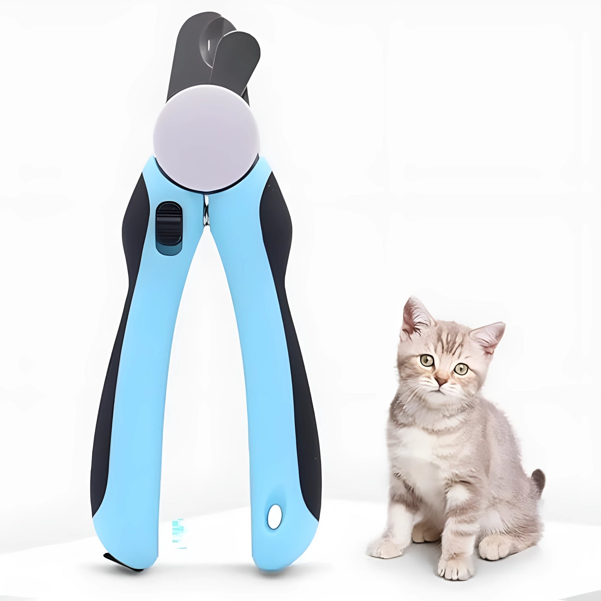 Blue heavy-duty dog nail clippers with safety guard and ergonomic non-slip handles on a white background.