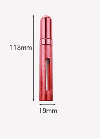 Slim 12ml aluminium travel perfume bottle with glass liner in bullet shape, shown in various colours.