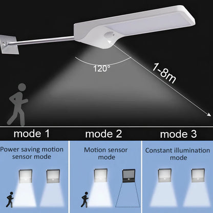 Solar garden light with 36 LED array in black or white finish showing integrated solar panel