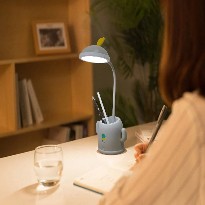 Cactus-shaped pen holder and table lamp with USB charging