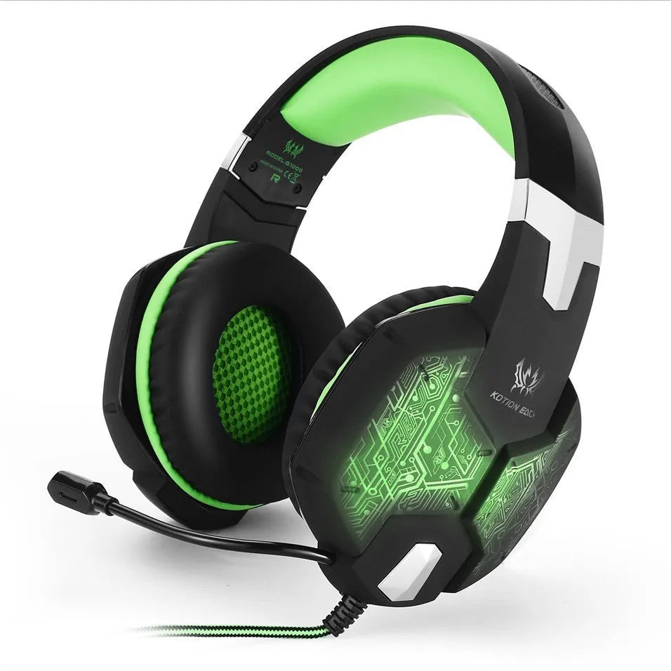 G1000 gaming headset with microphone in Blue, over-ear wired design with 3.5 dual plug and USB connection