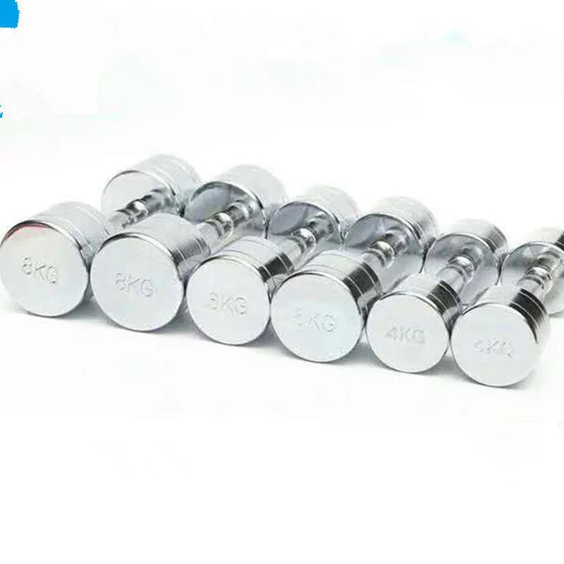 Silver pure steel electroplated dumbbell on a grey background, showing ergonomic handle.
