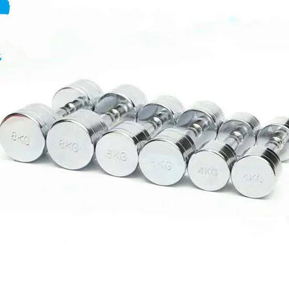 Silver pure steel electroplated dumbbell on a grey background, showing ergonomic handle.