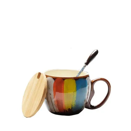 Handmade ceramic mug with lid and spoon in blue, green, yellow, or pink colours