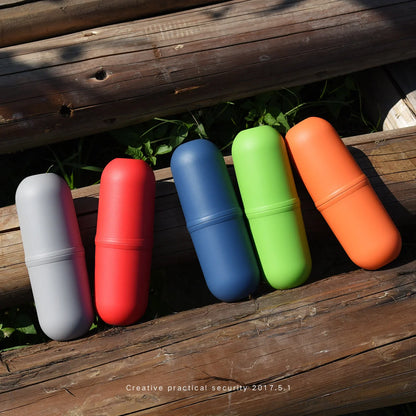 Capsule-shaped multi-function travel bottle in various colours with leak-proof design