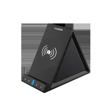 Black multifunctional device with Bluetooth speaker, phone stand, and wireless charging capabilities, dimensions 165x80x130mm
