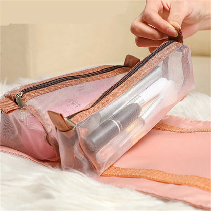 4-in-1 detachable cosmetic bag in green, pink, and black with waterproof oxford material