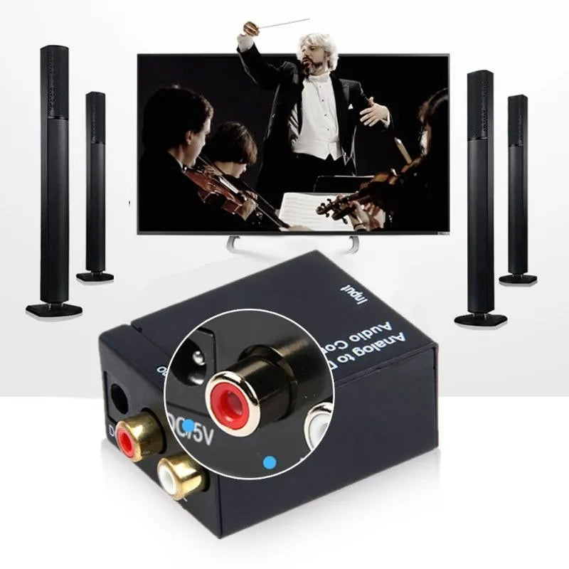 Black digital to analogue audio converter with Toslink and RCA inputs, RCA outputs, 5V power port.