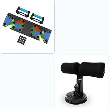 Compact sit-up strength trainer with steel springs and foam padding for home fitness