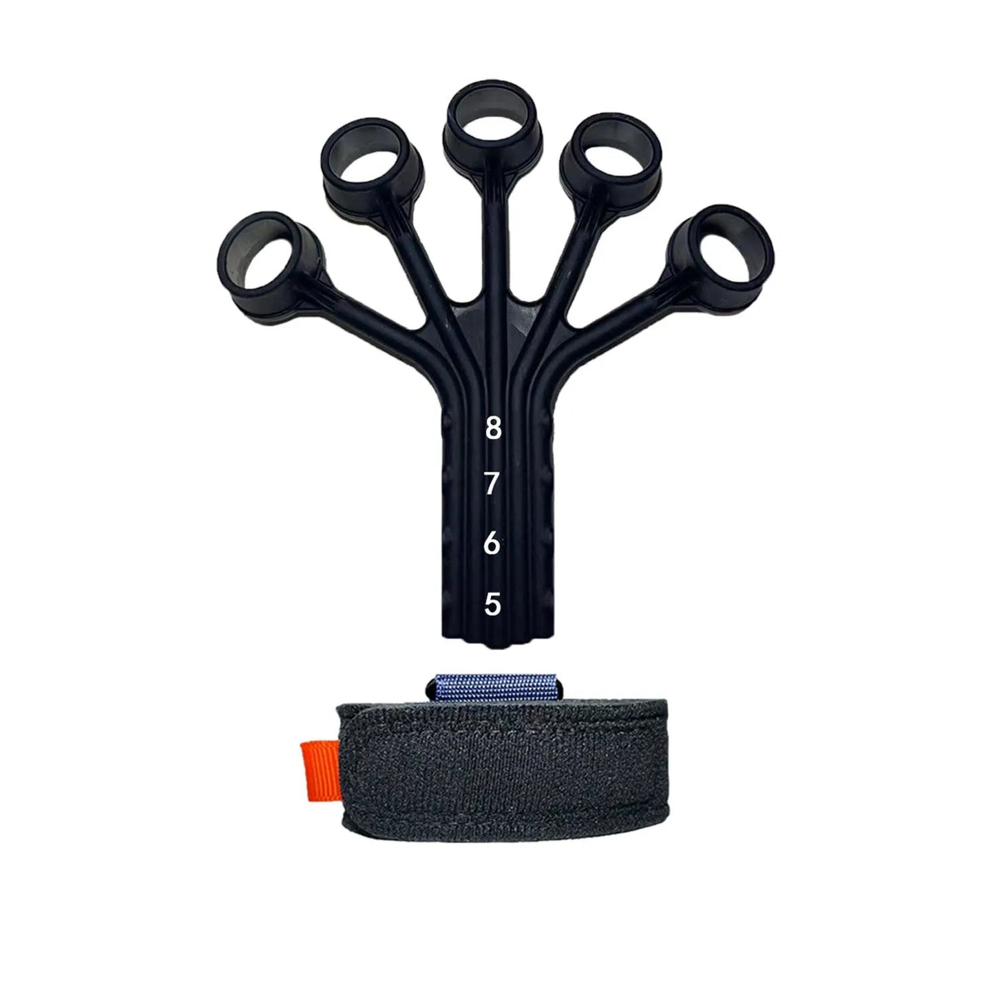 Black silicone finger tension rope trainer with adjustable belt on a grey background.