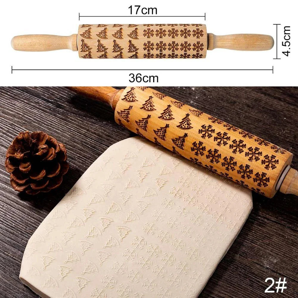Festive rolling pin with embossed Christmas designs for easy imprinting on dough